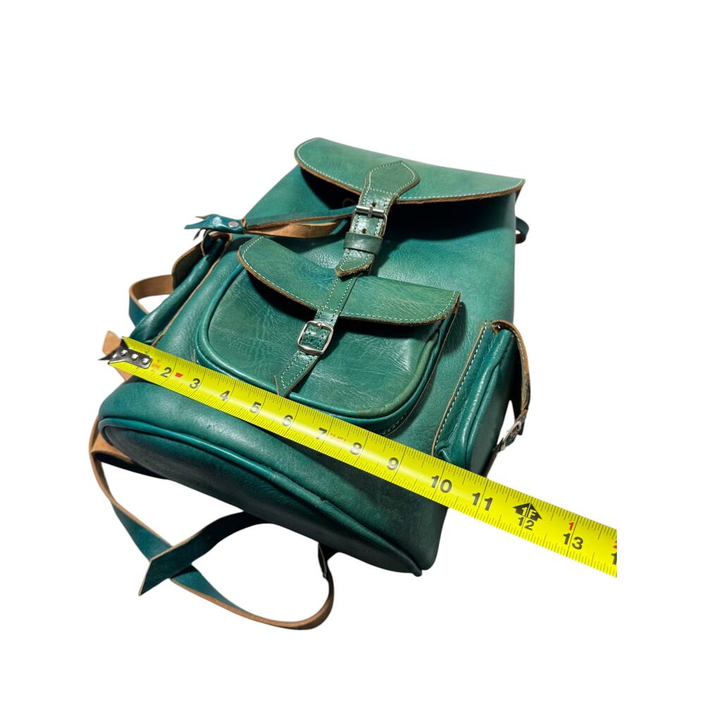 Vintage Backpack Bag Womens Teal Green Leather Rucksack Drawstring Buckle Pocket - Picture 15 of 16